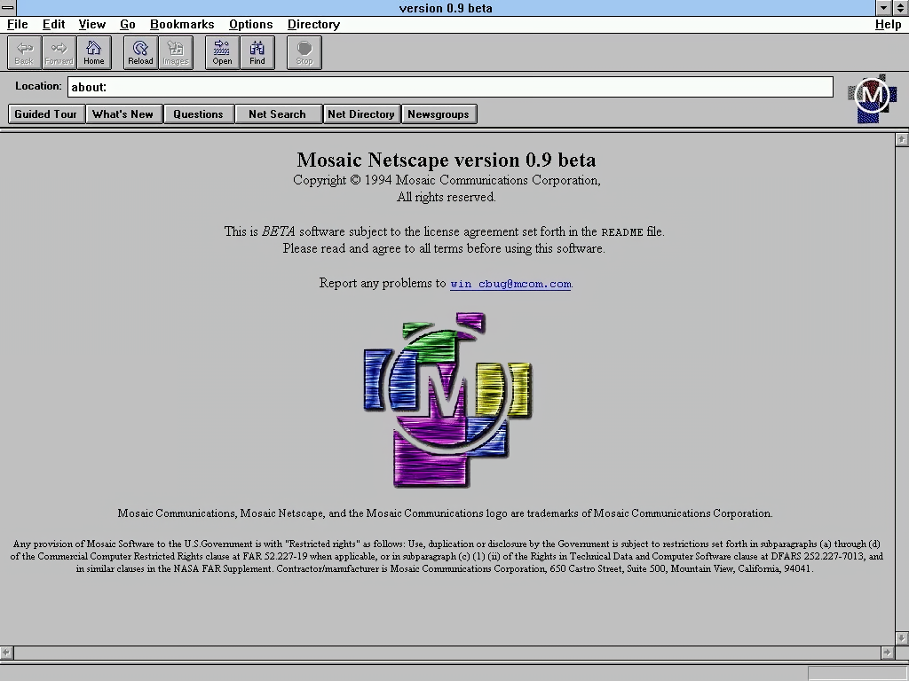 Mosaic Netscape 0.9 Beta for Windows (1994)